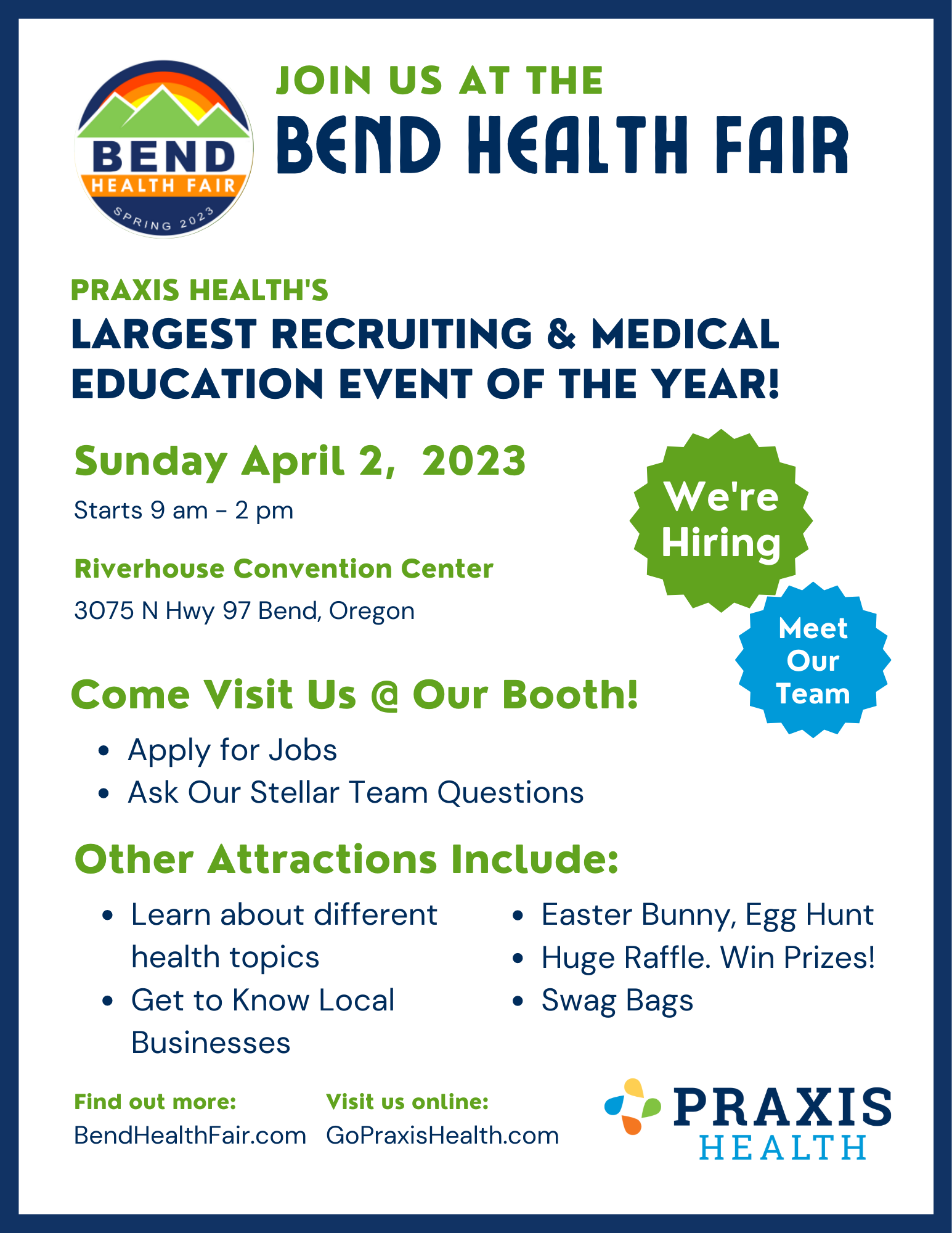 Praxis Bend Health Fair Recruiting Poster 3-22-23 | High Lakes Health Care